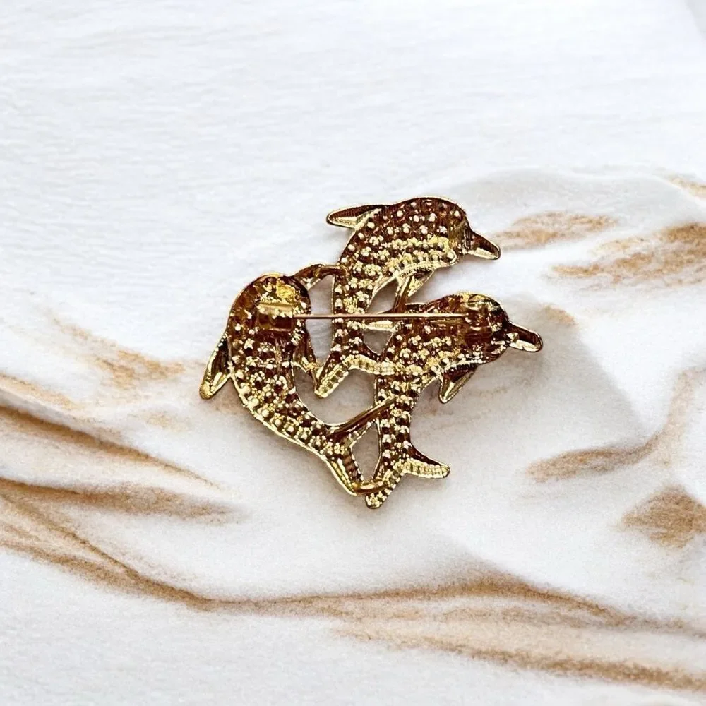 Pink Rhinestone Dolphins Gold Tone Brooch NWT